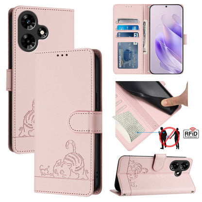 Infinix Hot 30 4G Leather Phone Case with Cat and Rat Embossed Pattern, RFID Protection, Card Holder Slots, Anti-fall Feature & Lanyard