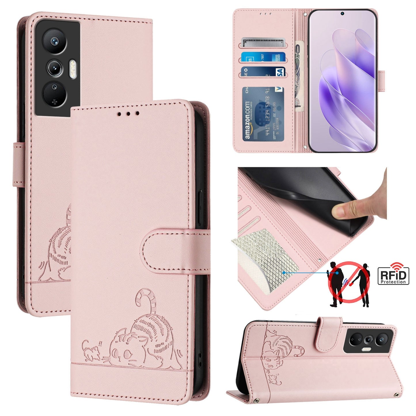 Infinix Hot 20S Leather Phone Case with Cat and Rat Embossed Pattern, RFID Protection, Card Holder Slots, Anti-fall Feature & Lanyard