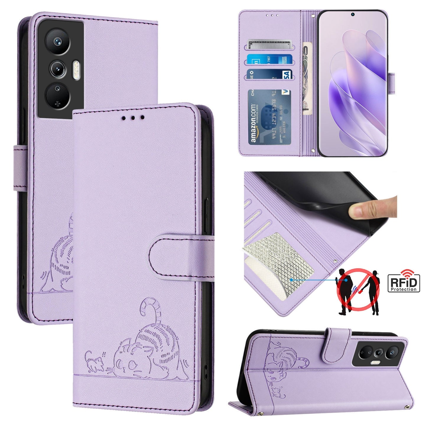 Infinix Hot 20S Leather Phone Case with Cat and Rat Embossed Pattern, RFID Protection, Card Holder Slots, Anti-fall Feature & Lanyard