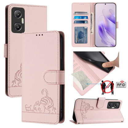 Infinix Hot 20 5G X666 X66B Leather Phone Case with Cat and Rat Embossed Pattern, RFID Protection, Card Holder Slots, Anti-fall Feature & Lanyard