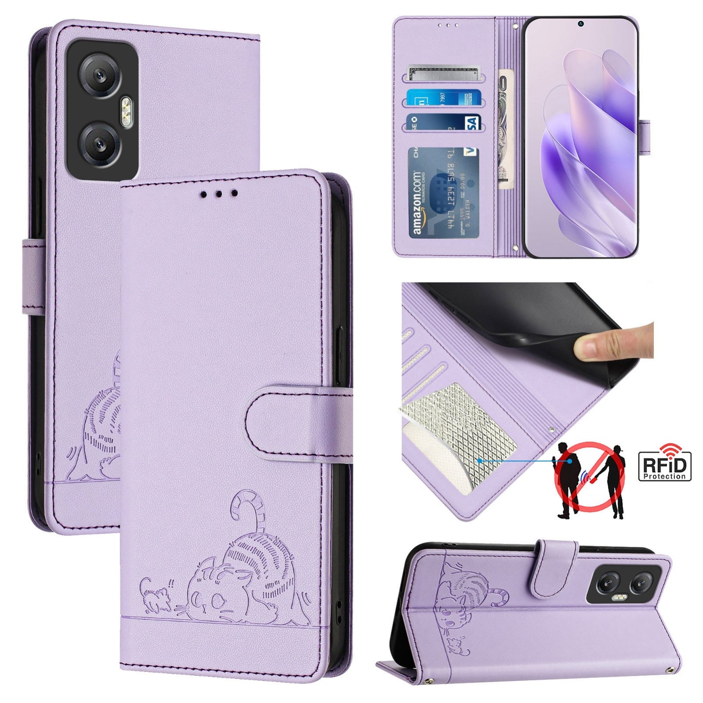 Infinix Hot 20 5G X666 X66B Leather Phone Case with Cat and Rat Embossed Pattern, RFID Protection, Card Holder Slots, Anti-fall Feature & Lanyard