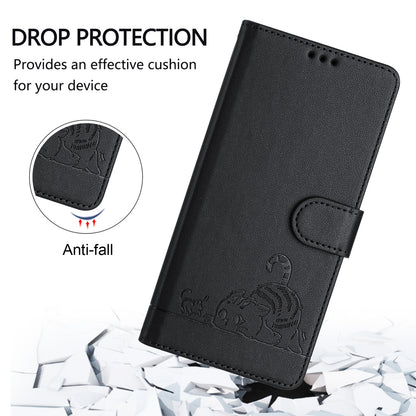 Infinix Hot 20I X665E Leather Phone Case with Cat and Rat Embossed Pattern, RFID Protection, Card Holder Slots, Anti-fall Feature & Lanyard