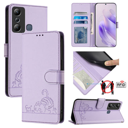 Infinix Hot 20I X665E Leather Phone Case with Cat and Rat Embossed Pattern, RFID Protection, Card Holder Slots, Anti-fall Feature & Lanyard