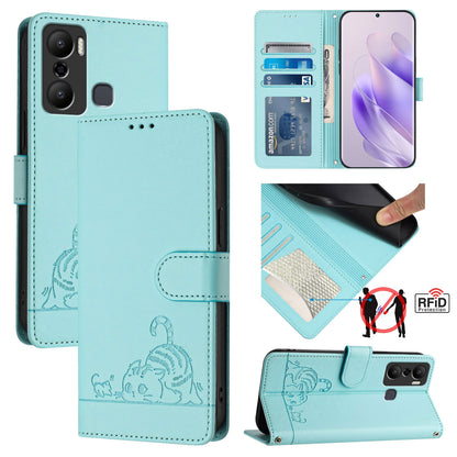 Infinix Hot 20 Play Leather Phone Case with Cat and Rat Embossed Pattern, RFID Protection, Card Holder Slots, Anti-fall Feature & Lanyard