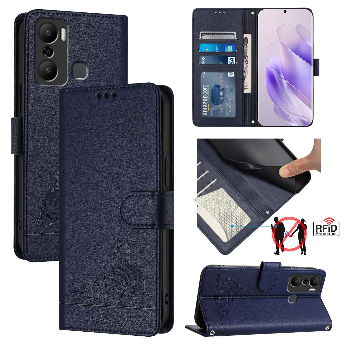 Infinix Hot 20 Play Leather Phone Case with Cat and Rat Embossed Pattern, RFID Protection, Card Holder Slots, Anti-fall Feature & Lanyard