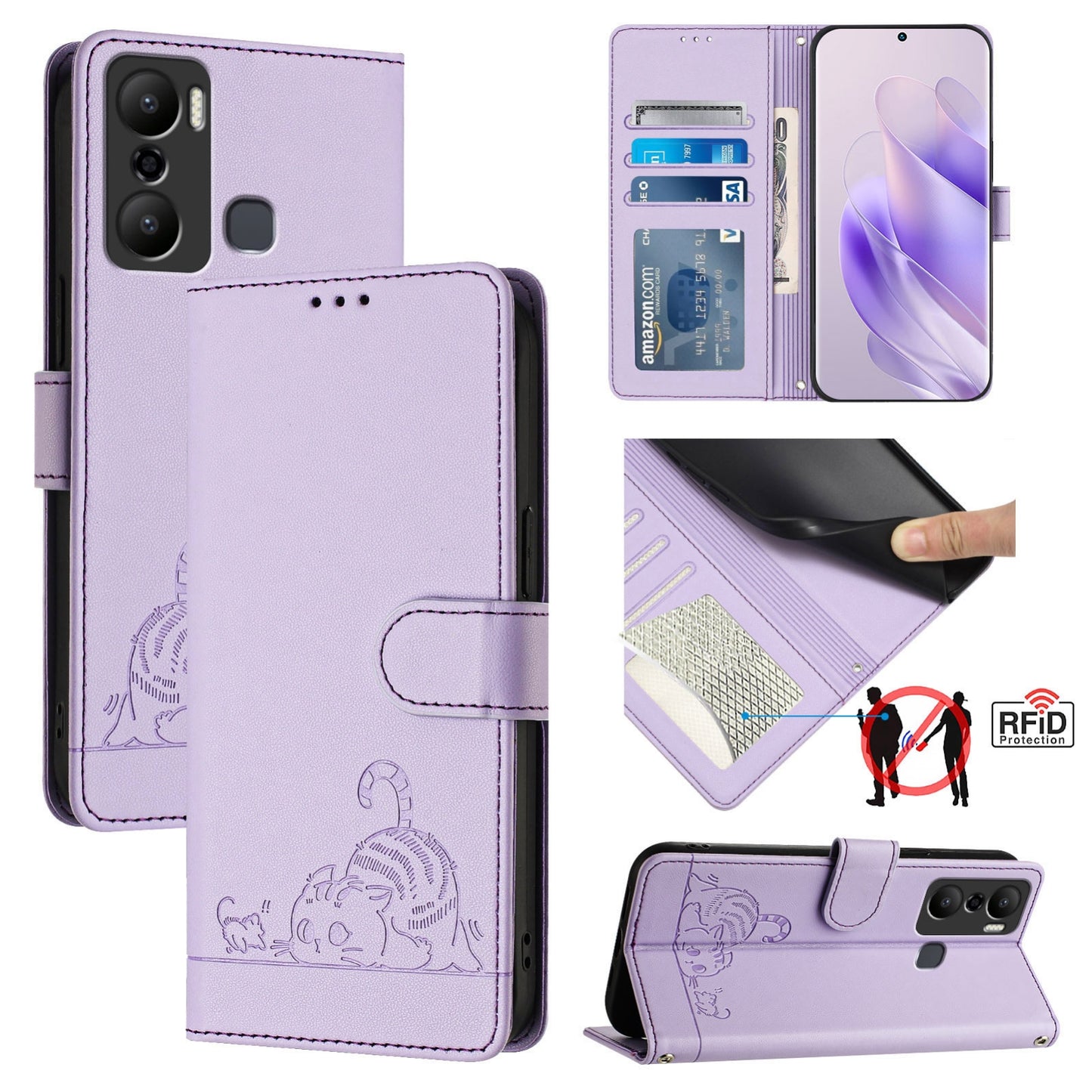 Infinix Hot 20 Play Leather Phone Case with Cat and Rat Embossed Pattern, RFID Protection, Card Holder Slots, Anti-fall Feature & Lanyard