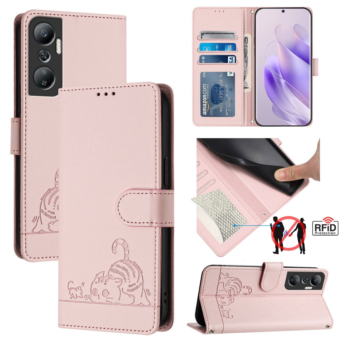 Infinix Hot 20 X6826 Leather Phone Case with Cat and Rat Embossed Pattern, RFID Protection, Card Holder Slots, Anti-fall Feature & Lanyard
