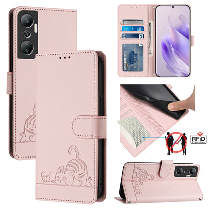 Infinix Hot 20 X6826 Leather Phone Case with Cat and Rat Embossed Pattern, RFID Protection, Card Holder Slots, Anti-fall Feature & Lanyard