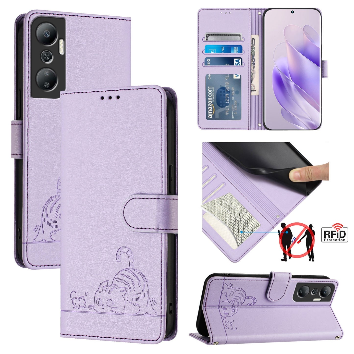 Infinix Hot 20 X6826 Leather Phone Case with Cat and Rat Embossed Pattern, RFID Protection, Card Holder Slots, Anti-fall Feature & Lanyard