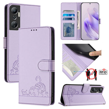 Infinix Hot 20 X6826 Leather Phone Case with Cat and Rat Embossed Pattern, RFID Protection, Card Holder Slots, Anti-fall Feature & Lanyard