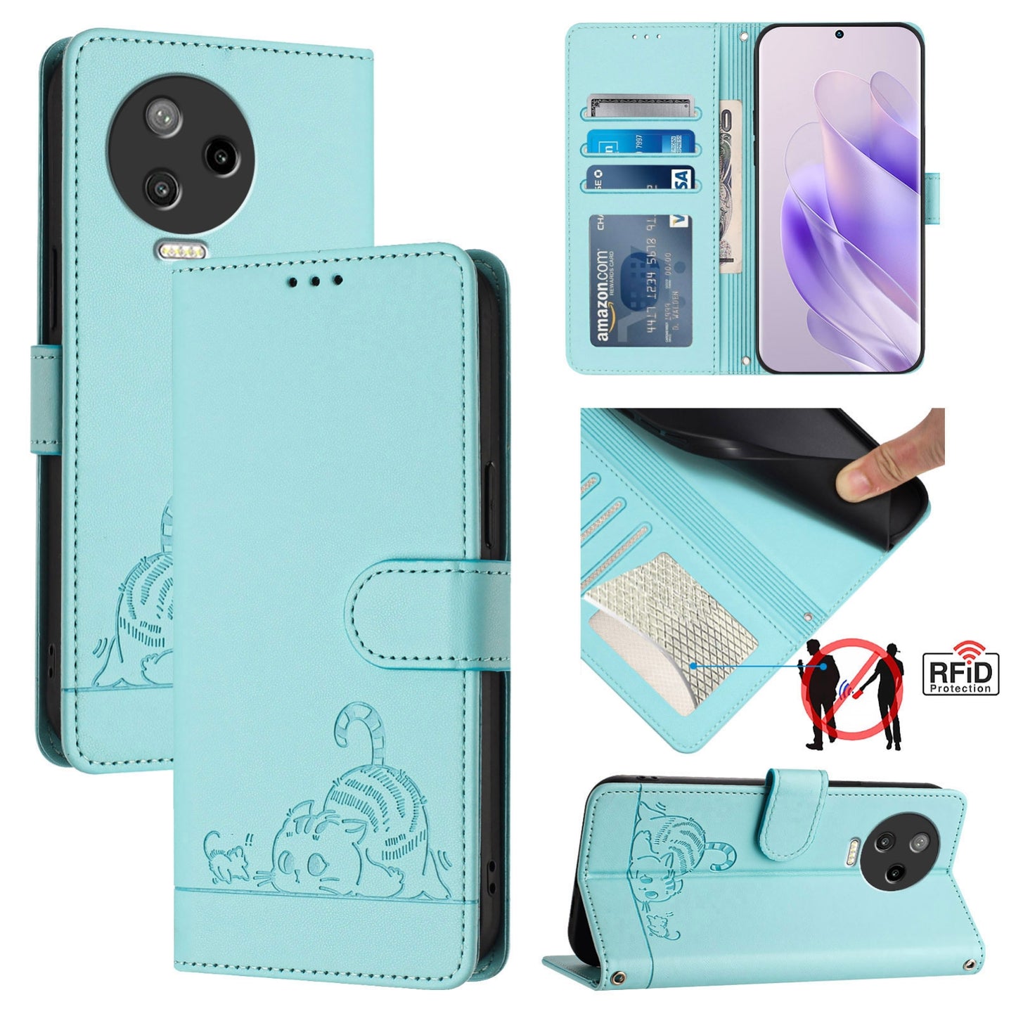 Infinix Note 12 2023 Leather Phone Case with Cat and Rat Embossed Pattern, RFID Protection, Card Holder Slots, Anti-fall Feature & Lanyard