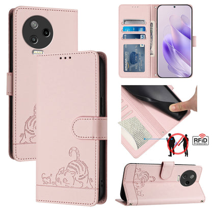 Infinix Note 12 2023 Leather Phone Case with Cat and Rat Embossed Pattern, RFID Protection, Card Holder Slots, Anti-fall Feature & Lanyard