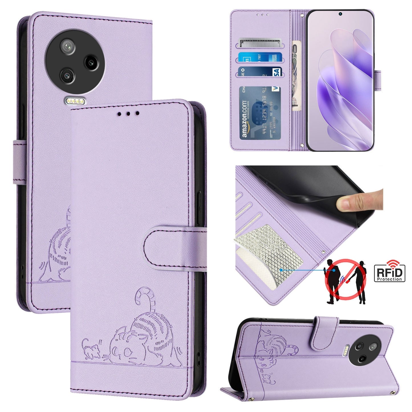 Infinix Note 12 2023 Leather Phone Case with Cat and Rat Embossed Pattern, RFID Protection, Card Holder Slots, Anti-fall Feature & Lanyard