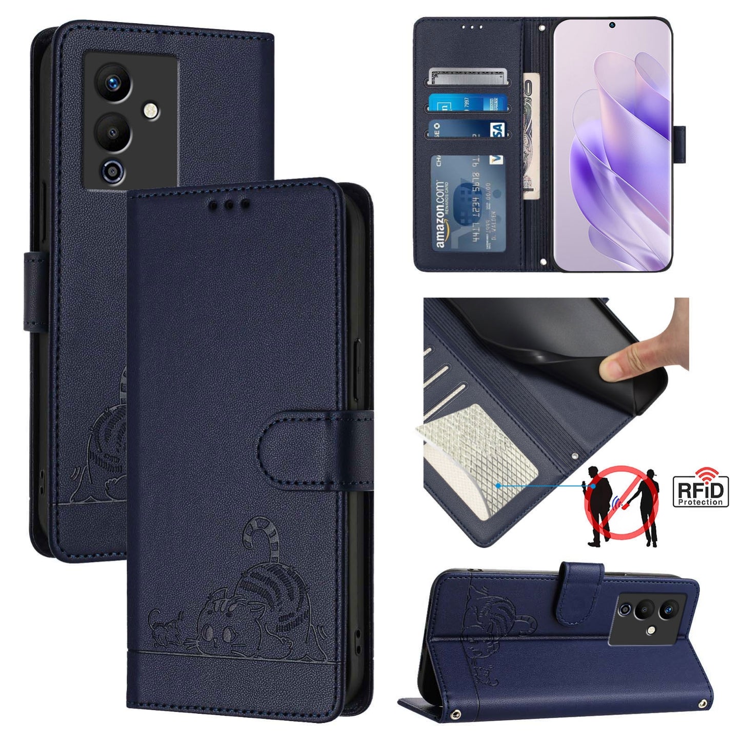 Infinix Note 12 5G Leather Phone Case with Cat and Rat Embossed Pattern, RFID Protection, Card Holder Slots, Anti-fall Feature & Lanyard