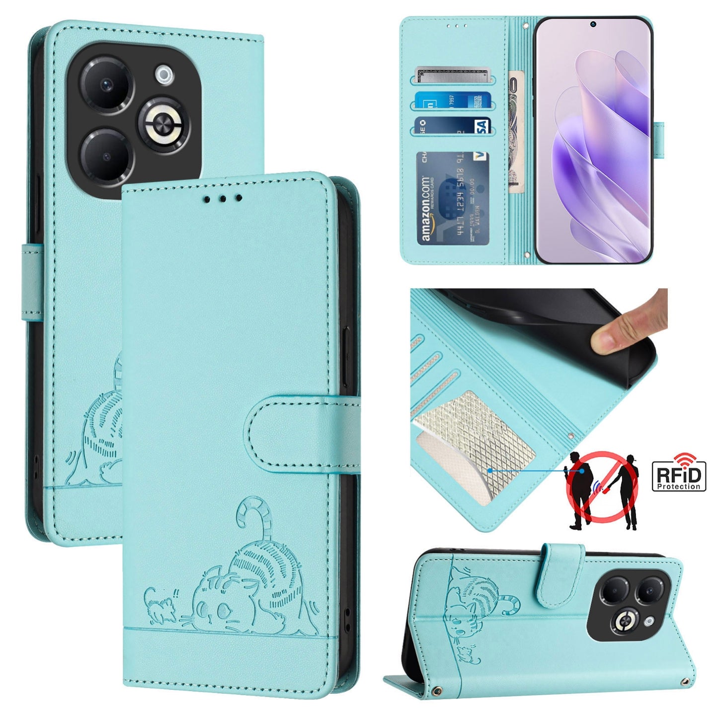 Infinix Smart 8 Plus Leather Phone Case with Cat and Rat Embossed Pattern, RFID Protection, Card Holder Slots, Anti-fall Feature & Lanyard