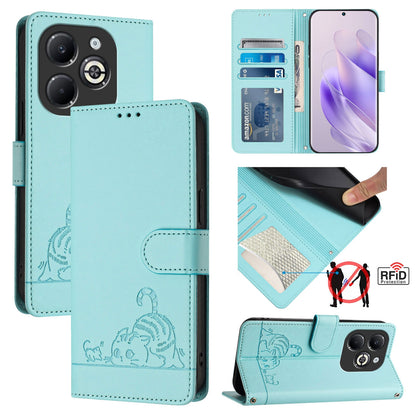 Infinix Smart 8 Plus Leather Phone Case with Cat and Rat Embossed Pattern, RFID Protection, Card Holder Slots, Anti-fall Feature & Lanyard