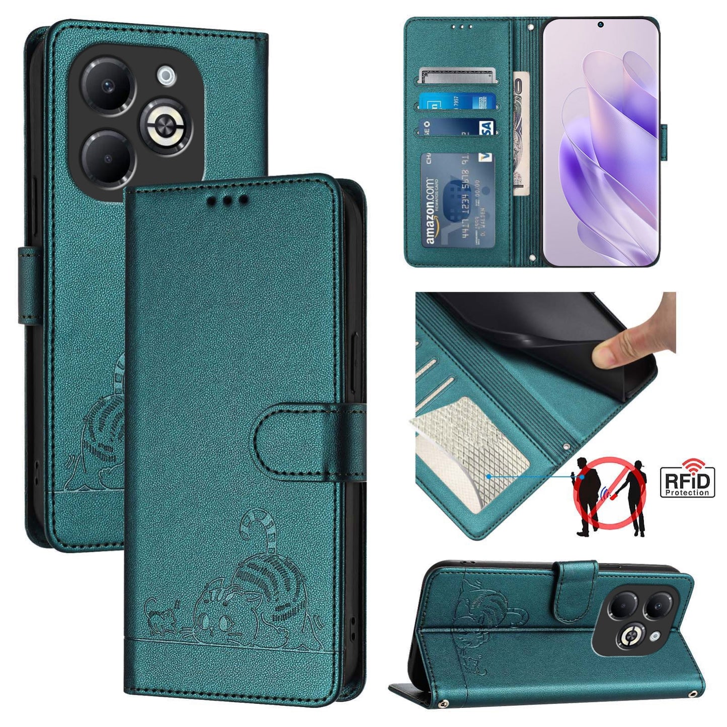 Infinix Smart 8 Plus Leather Phone Case with Cat and Rat Embossed Pattern, RFID Protection, Card Holder Slots, Anti-fall Feature & Lanyard