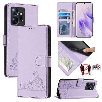 Infinix Zero 20 Leather Phone Case with Cat and Rat Embossed Pattern, RFID Protection, Card Holder Slots, Anti-fall Feature & Lanyard
