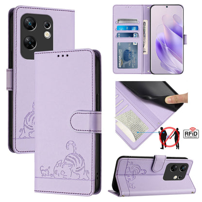 Infinix Zero 30 4G Leather Phone Case with Cat and Rat Embossed Pattern, RFID Protection, Card Holder Slots, Anti-fall Feature & Lanyard
