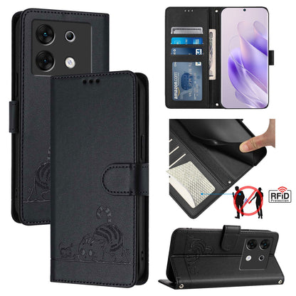 Infinix Zero 30 5G Leather Phone Case with Cat and Rat Embossed Pattern, RFID Protection, Card Holder Slots, Anti-fall Feature & Lanyard
