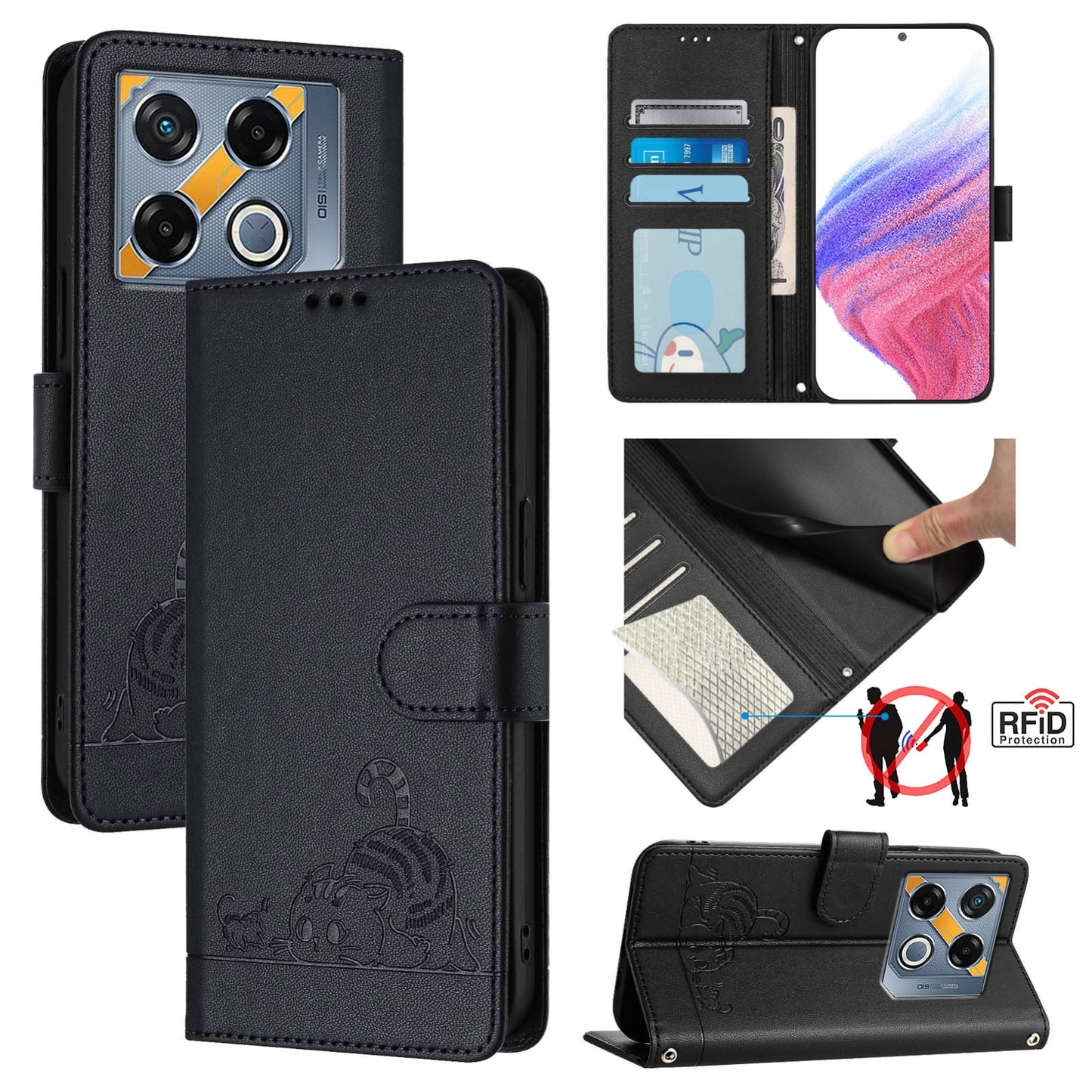 Infinix GT 20 Pro X6871 Leather Phone Case with Cat and Rat Embossed Pattern, RFID Protection, Card Holder Slots, Anti-fall Feature & Lanyard
