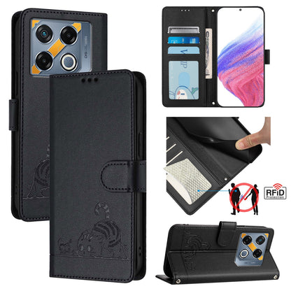 Infinix GT 20 Pro X6871 Leather Phone Case with Cat and Rat Embossed Pattern, RFID Protection, Card Holder Slots, Anti-fall Feature & Lanyard