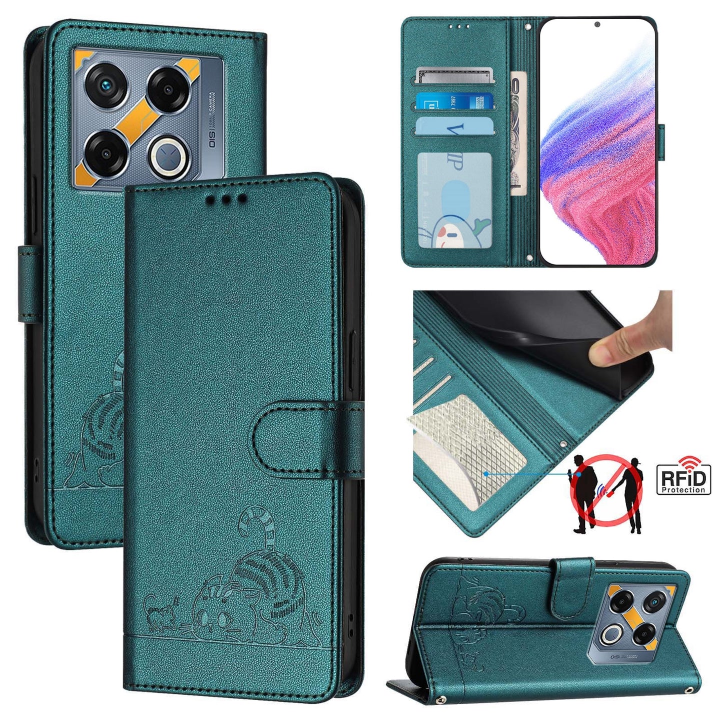 Infinix GT 20 Pro X6871 Leather Phone Case with Cat and Rat Embossed Pattern, RFID Protection, Card Holder Slots, Anti-fall Feature & Lanyard