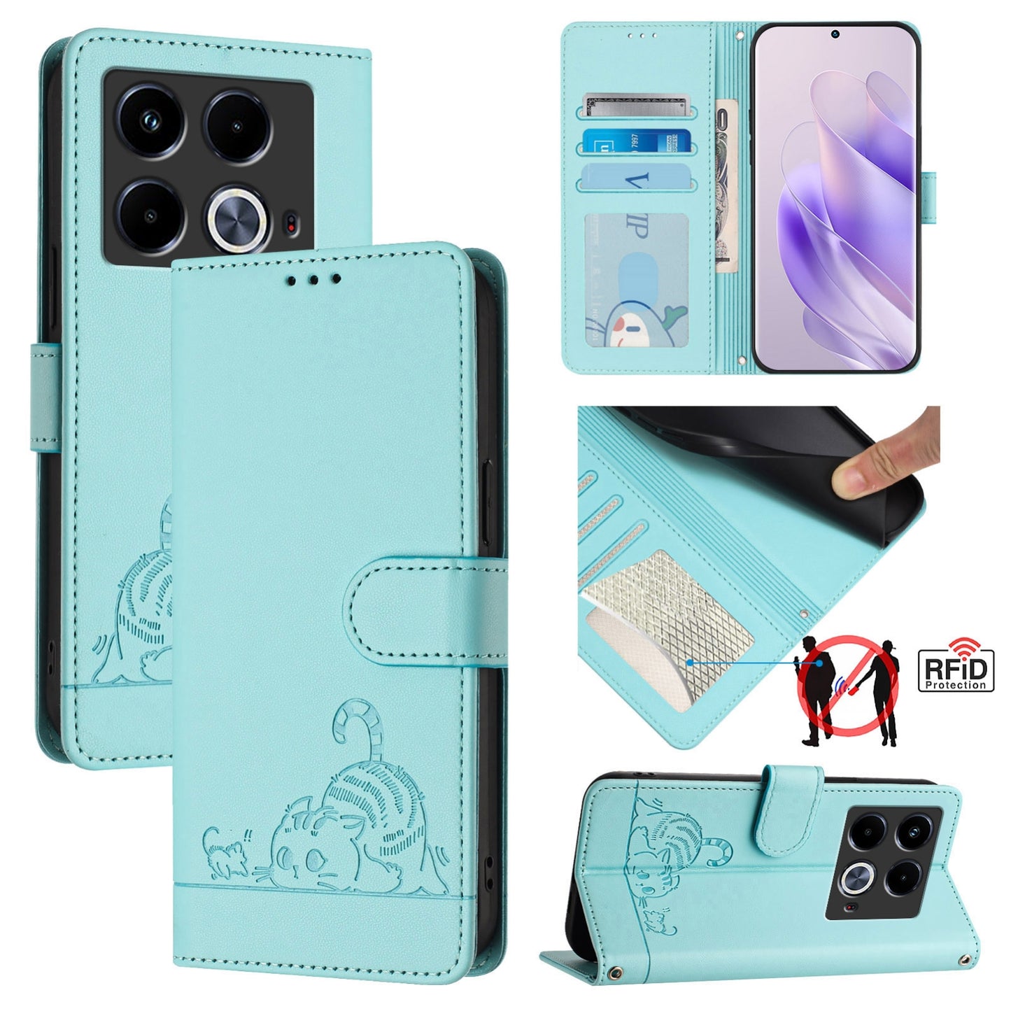 Infinix Note 40 5G Leather Phone Case with Cat and Rat Embossed Pattern, RFID Protection, Card Holder Slots, Anti-fall Feature & Lanyard