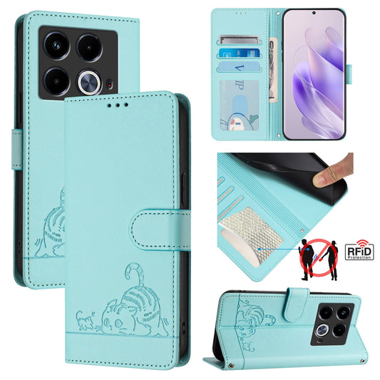 Infinix Note 40 5G Leather Phone Case with Cat and Rat Embossed Pattern, RFID Protection, Card Holder Slots, Anti-fall Feature & Lanyard