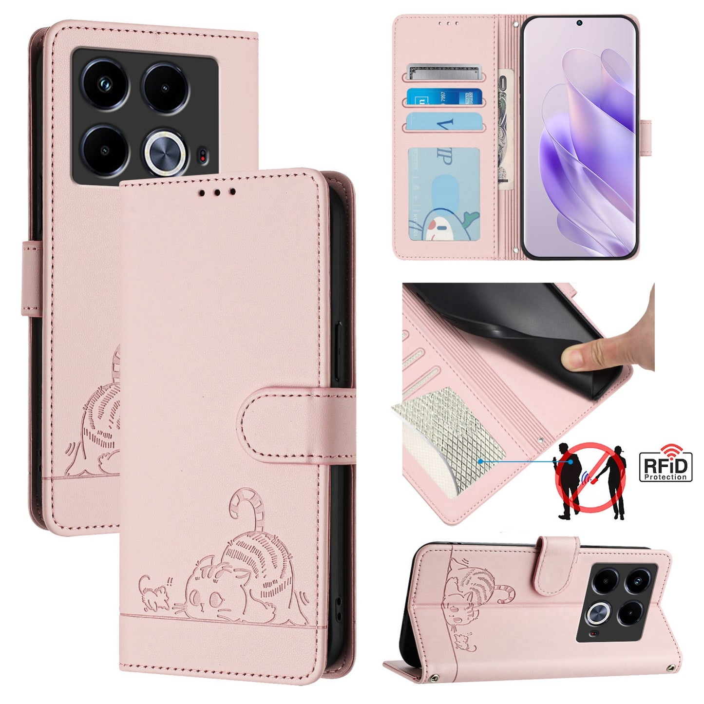 Infinix Note 40 5G Leather Phone Case with Cat and Rat Embossed Pattern, RFID Protection, Card Holder Slots, Anti-fall Feature & Lanyard