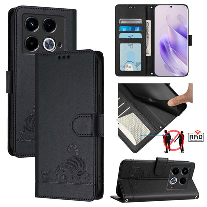 Infinix Note 40 5G Leather Phone Case with Cat and Rat Embossed Pattern, RFID Protection, Card Holder Slots, Anti-fall Feature & Lanyard