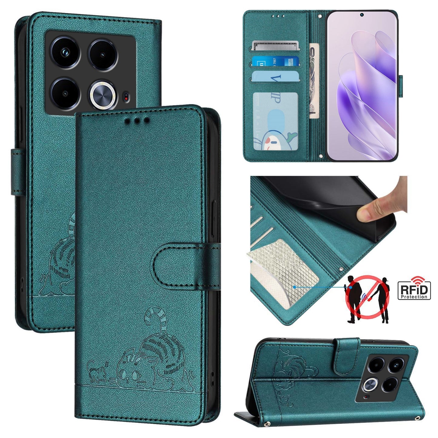 Infinix Note 40 5G Leather Phone Case with Cat and Rat Embossed Pattern, RFID Protection, Card Holder Slots, Anti-fall Feature & Lanyard