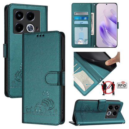 Infinix Note 40 5G Leather Phone Case with Cat and Rat Embossed Pattern, RFID Protection, Card Holder Slots, Anti-fall Feature & Lanyard