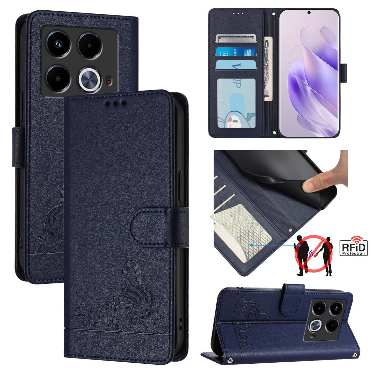 Infinix Note 40 5G Leather Phone Case with Cat and Rat Embossed Pattern, RFID Protection, Card Holder Slots, Anti-fall Feature & Lanyard