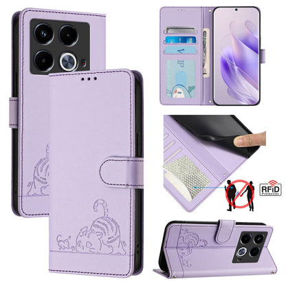 Infinix Note 40 5G Leather Phone Case with Cat and Rat Embossed Pattern, RFID Protection, Card Holder Slots, Anti-fall Feature & Lanyard