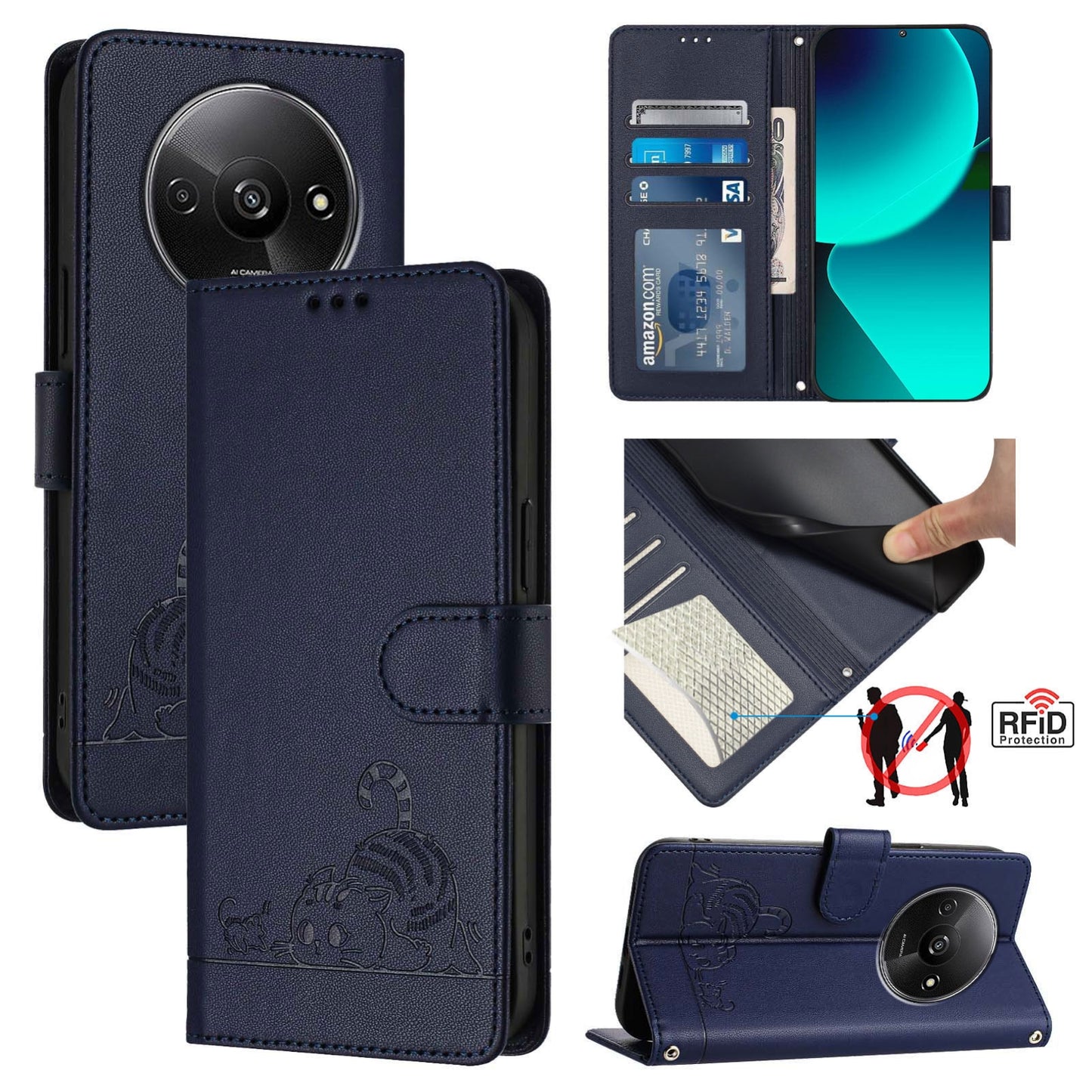 Xiaomi A3 4G Global Leather Phone Case with Cat and Rat Embossed Pattern, RFID Protection, Card Holder Slots, Anti-fall Feature & Lanyard