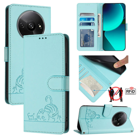 Xiaomi POCO C61 4G Global Leather Phone Case with Cat and Rat Embossed Pattern, RFID Protection, Card Holder Slots, Anti-fall Feature & Lanyard
