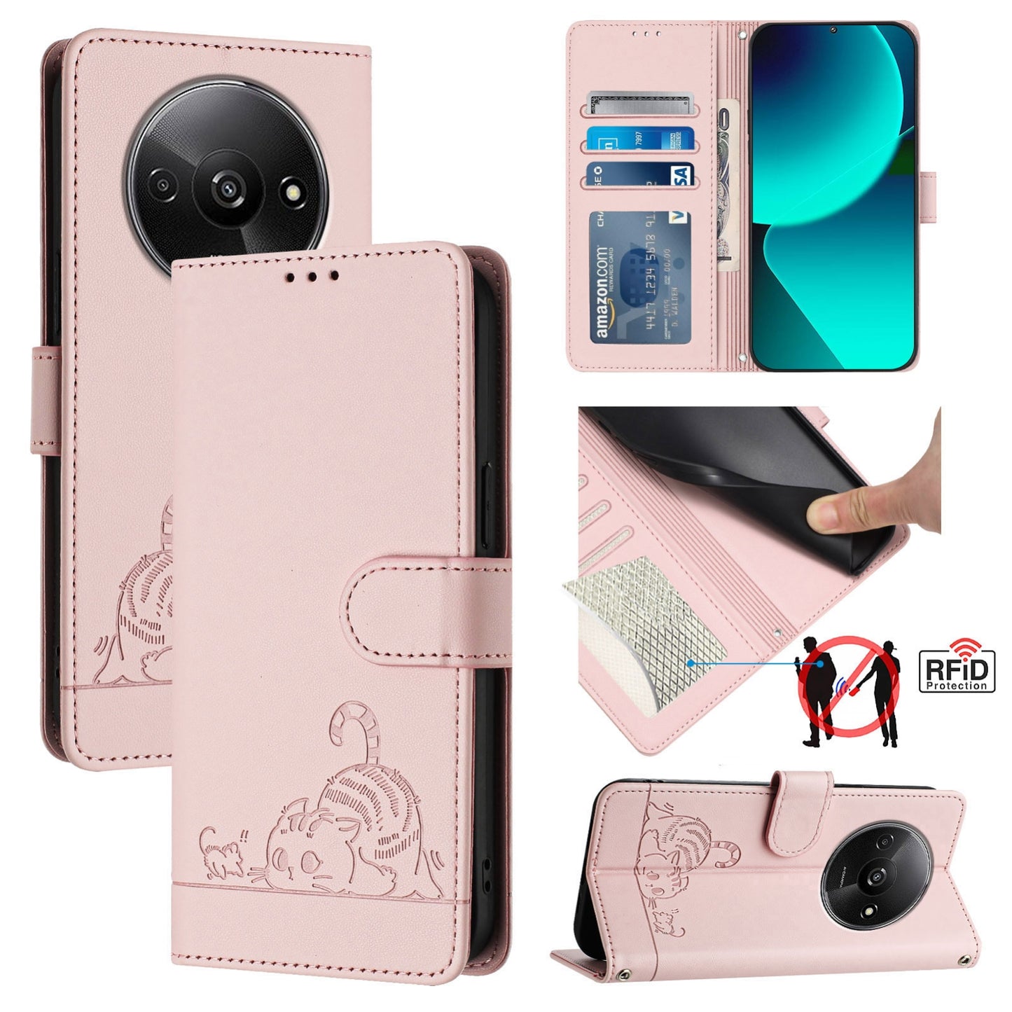Xiaomi POCO C61 4G Global Leather Phone Case with Cat and Rat Embossed Pattern, RFID Protection, Card Holder Slots, Anti-fall Feature & Lanyard
