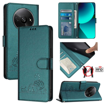 Xiaomi POCO C61 4G Global Leather Phone Case with Cat and Rat Embossed Pattern, RFID Protection, Card Holder Slots, Anti-fall Feature & Lanyard