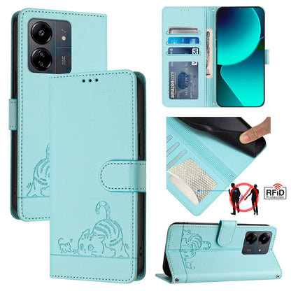 Xiaomi Redmi 13C 4G Global Leather Phone Case with Cat and Rat Embossed Pattern, RFID Protection, Card Holder Slots, Anti-fall Feature & Lanyard