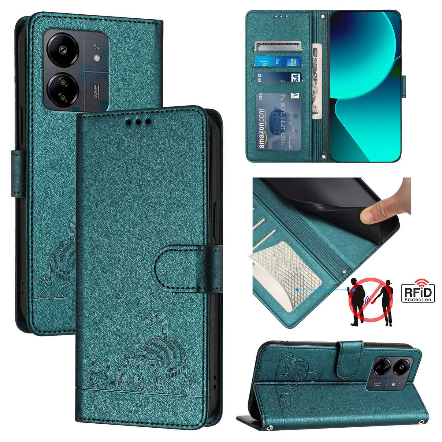 Xiaomi Redmi 13C 4G Global Leather Phone Case with Cat and Rat Embossed Pattern, RFID Protection, Card Holder Slots, Anti-fall Feature & Lanyard