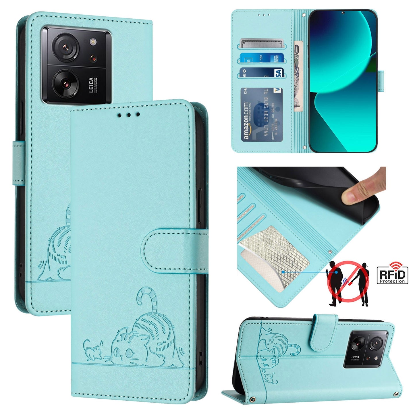 Xiaomi Redmi K60 Ultra Leather Phone Case with Cat and Rat Embossed Pattern, RFID Protection, Card Holder Slots, Anti-fall Feature & Lanyard