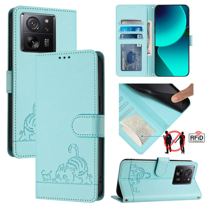 Xiaomi Redmi K60 Ultra Leather Phone Case with Cat and Rat Embossed Pattern, RFID Protection, Card Holder Slots, Anti-fall Feature & Lanyard