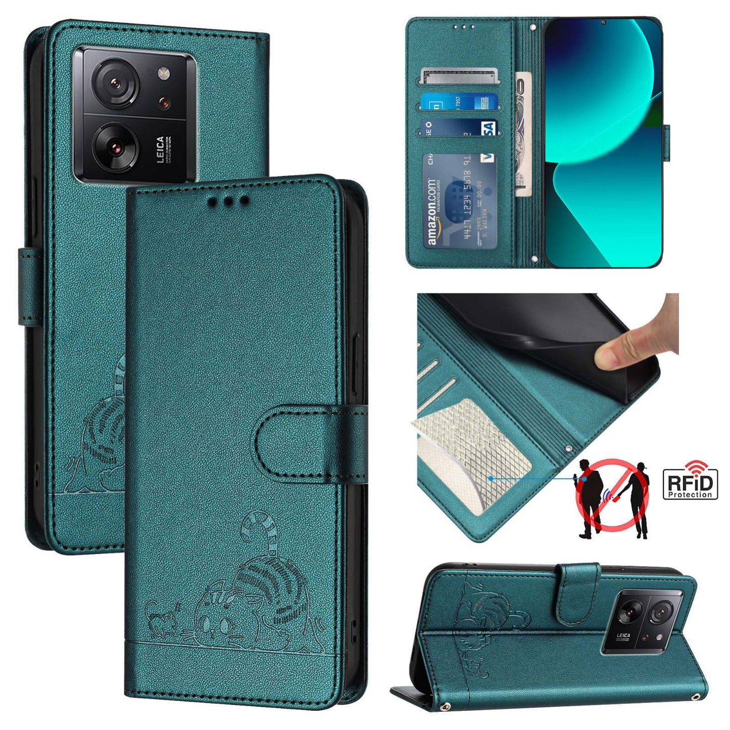 Xiaomi Redmi K60 Ultra Leather Phone Case with Cat and Rat Embossed Pattern, RFID Protection, Card Holder Slots, Anti-fall Feature & Lanyard