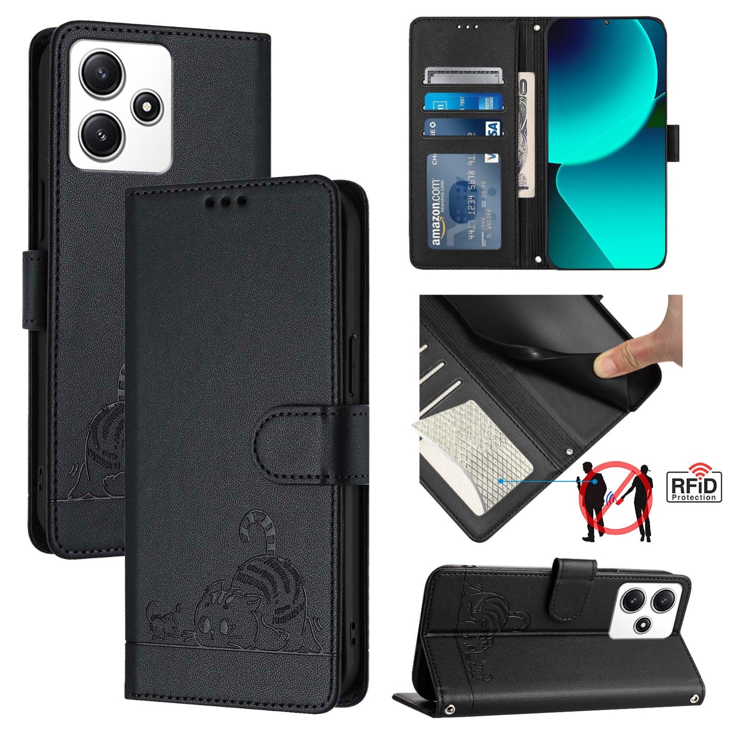 Xiaomi Redmi Note 12R Leather Phone Case with Cat and Rat Embossed Pattern, RFID Protection, Card Holder Slots, Anti-fall Feature & Lanyard