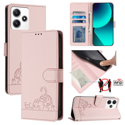 Xiaomi POCO M6 Pro 5G Leather Phone Case with Cat and Rat Embossed Pattern, RFID Protection, Card Holder Slots, Anti-fall Feature & Lanyard