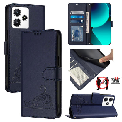 Xiaomi POCO M6 Pro 5G Leather Phone Case with Cat and Rat Embossed Pattern, RFID Protection, Card Holder Slots, Anti-fall Feature & Lanyard