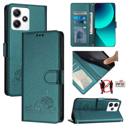 Xiaomi Redmi 12 5G Global Leather Phone Case with Cat and Rat Embossed Pattern, RFID Protection, Card Holder Slots, Anti-fall Feature & Lanyard