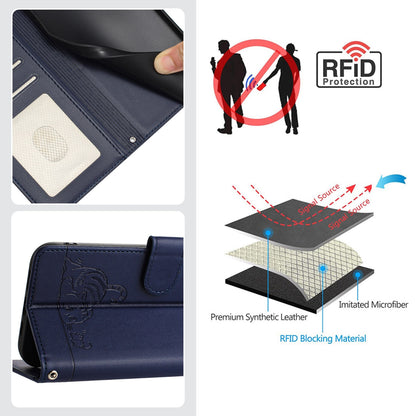 Xiaomi Redmi 12 5G Global Leather Phone Case with Cat and Rat Embossed Pattern, RFID Protection, Card Holder Slots, Anti-fall Feature & Lanyard