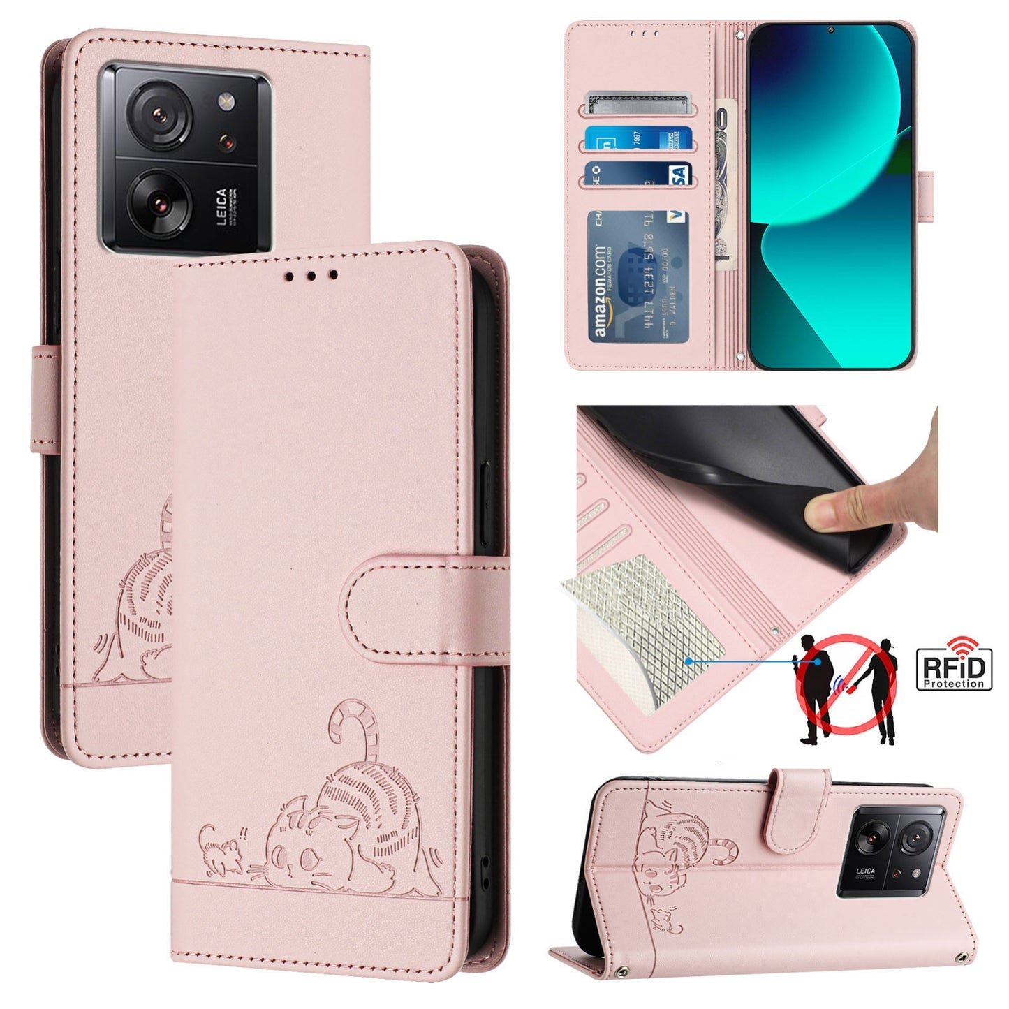 Xiaomi 13T 5G Global Leather Phone Case with Cat and Rat Embossed Pattern, RFID Protection, Card Holder Slots, Anti-fall Feature & Lanyard